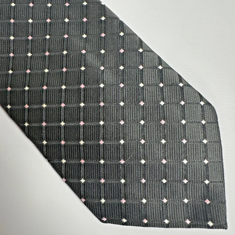 Nautica Black Geometric Silk Tie Pink White Dot Old Money Executive Preppy